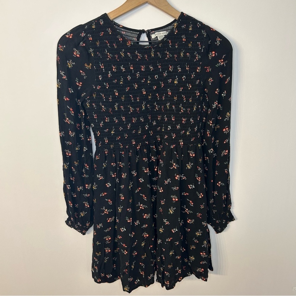 American Eagle Women’s Smocked Black Floral Long Sleeve Mini Dress, Size XS - Picture 2 of 7